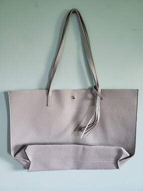 Gray Leather Tote Bag with Tassel